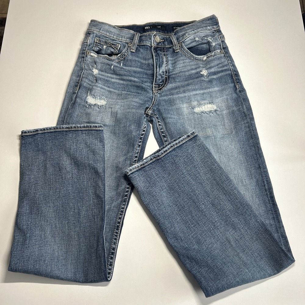 BKE Jake Jeans Mens 31 x 34 Blue Light Wash Straight Leg Denim Distressed Buckle